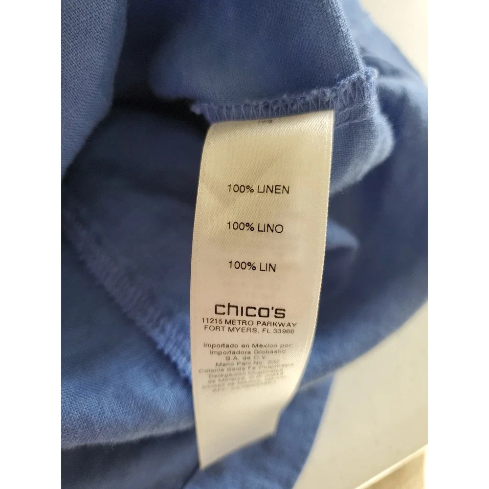 Chico's 1 Blue 100% Linen Jacket Collarless Zip Front‎ 3/4 Sleeve Medium